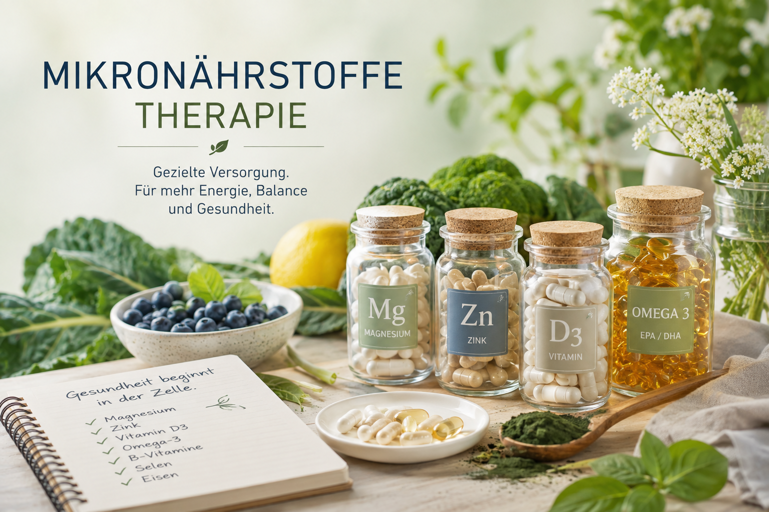 Infografik Mikronährstoffe: Magnesium, Zink, Vitamin D3, Omega 3